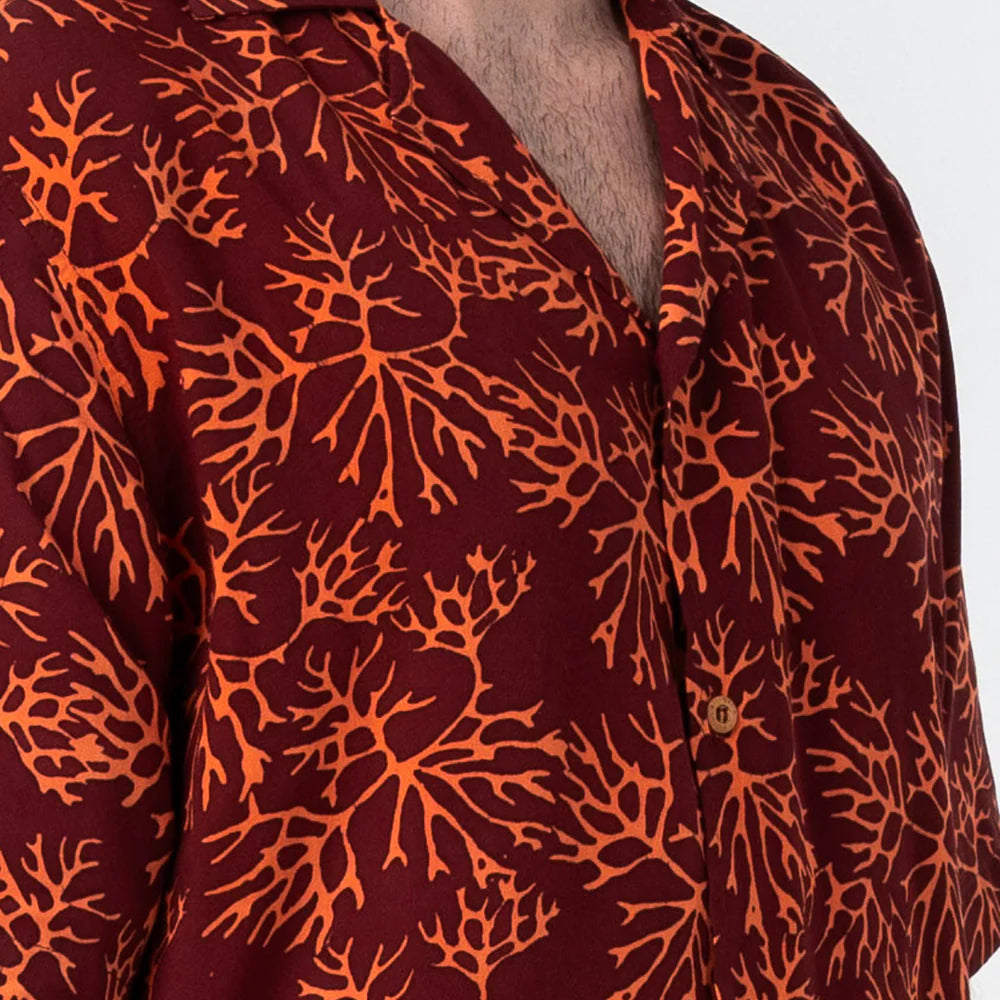 Men's Batik Cuban Shirt - Maroon Coral