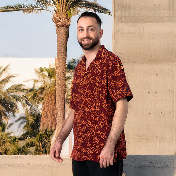 Men's Batik Cuban Shirt - Maroon Coral