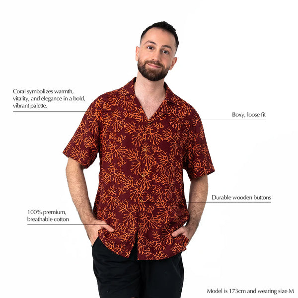 Men's Batik Cuban Shirt - Maroon Coral