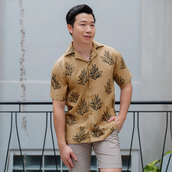 Men's Batik Cuban Shirt - Tan Olive Leaf