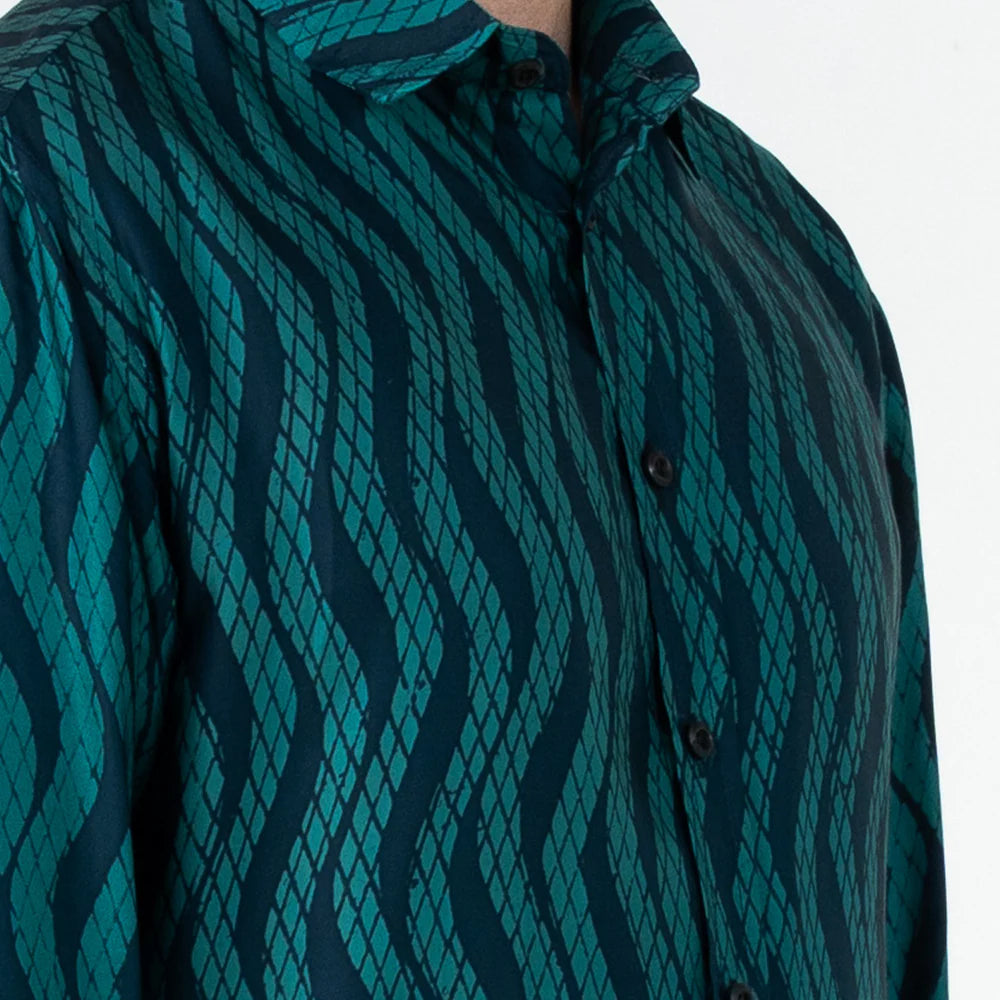 Men's Long-Sleeved Batik Shirt - Teal Snakeskin