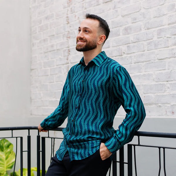 Men's Long-Sleeved Batik Shirt - Teal Snakeskin