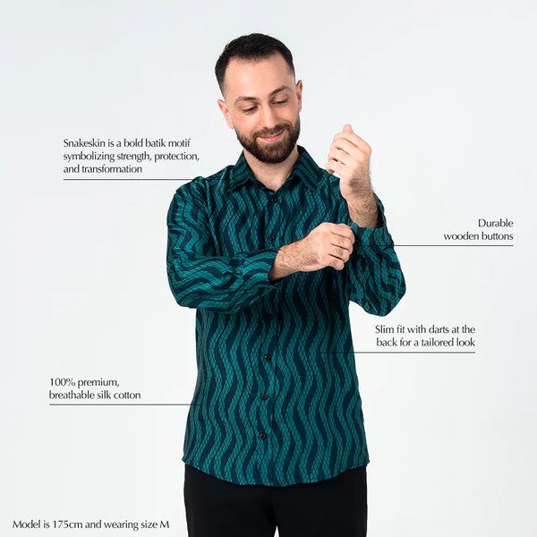 Men's Long-Sleeved Batik Shirt - Teal Snakeskin