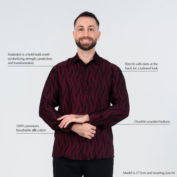 Men's Long-Sleeved Batik Shirt - Garnet Snakeskin