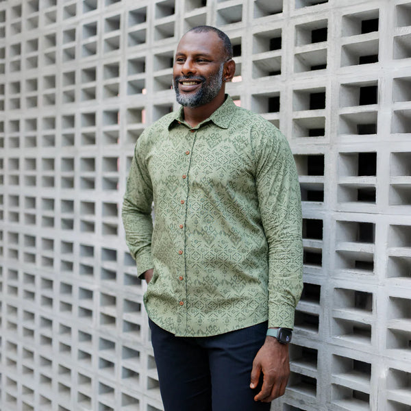 Men's Long-Sleeved Batik Shirt - Olive Anyam