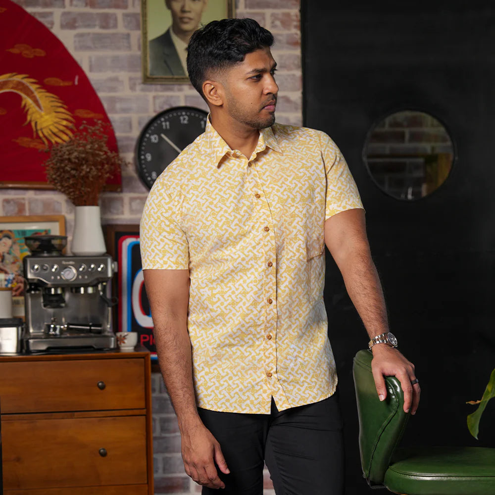Men's Batik Shirt - Mustard Arabesque