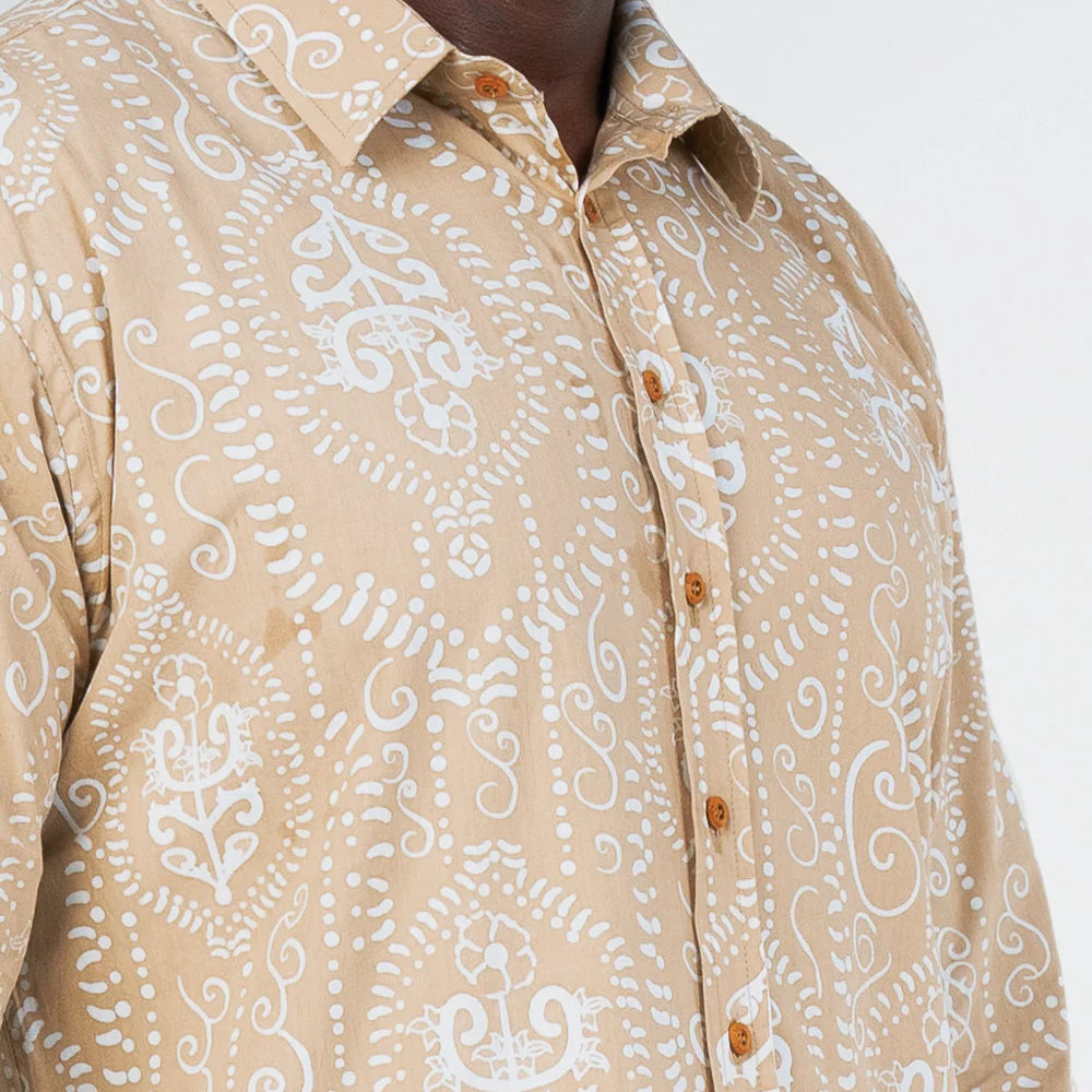 Men's Long-Sleeved Batik Shirt - Tan Petola