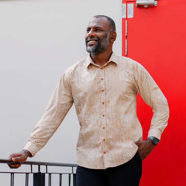 Men's Long-Sleeved Batik Shirt - Tan Petola