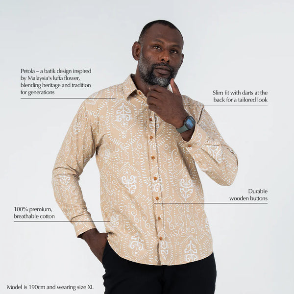 Men's Long-Sleeved Batik Shirt - Tan Petola