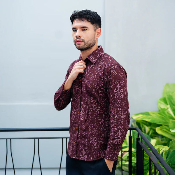 Men's Long-Sleeved Batik Shirt - Garnet Petola