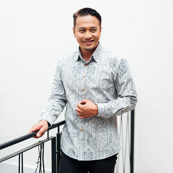 Men's Long-Sleeved Batik Shirt - Grey Petola