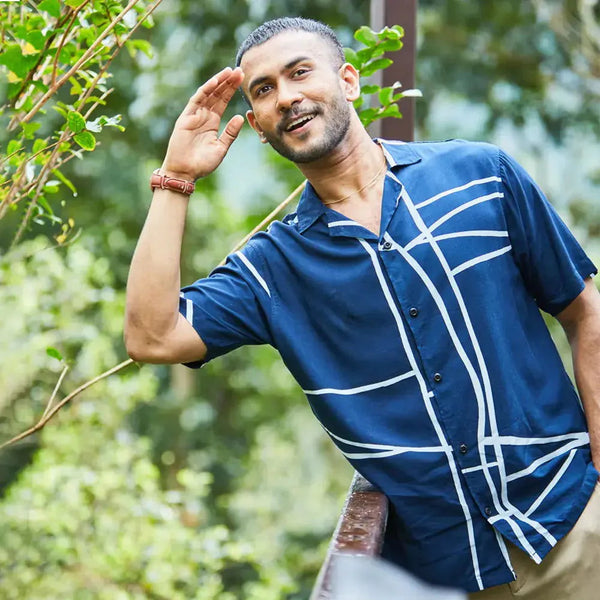 Men's Batik Cuban Shirt - Navy Brush