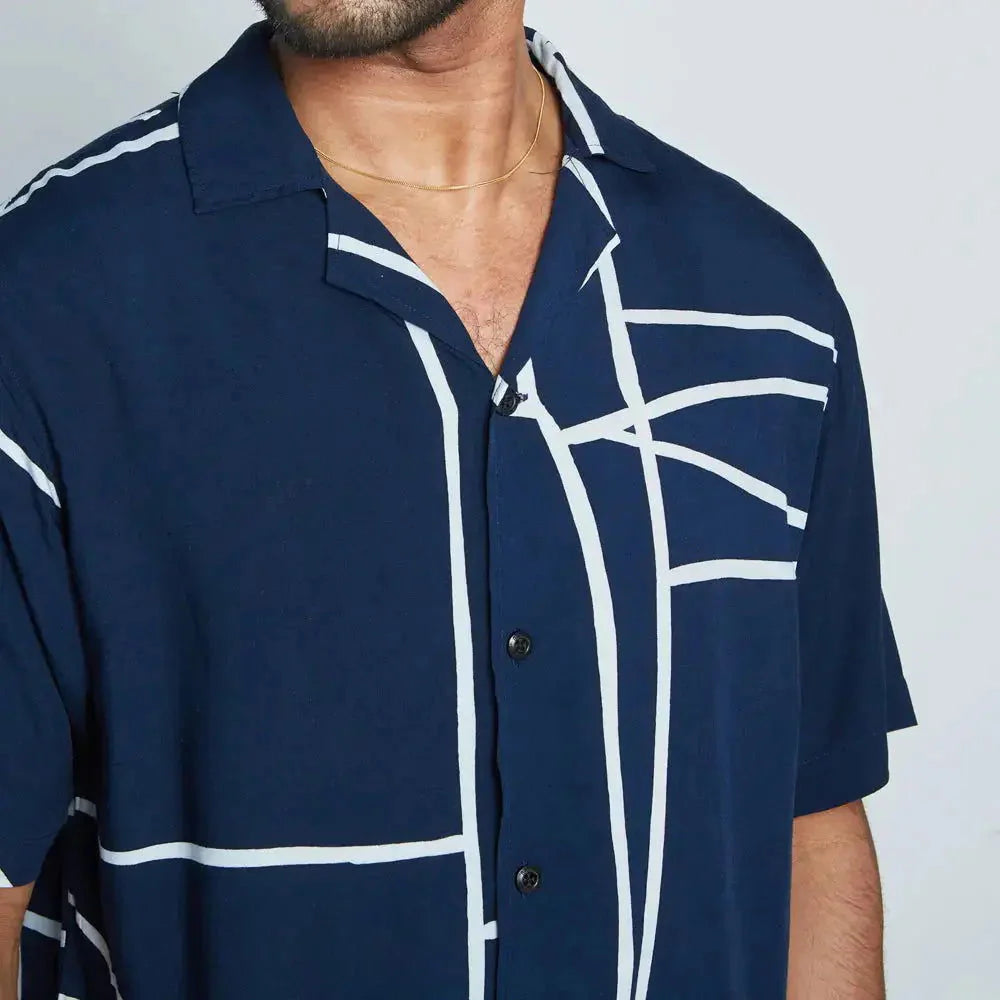 Men's Batik Cuban Shirt - Navy Brush