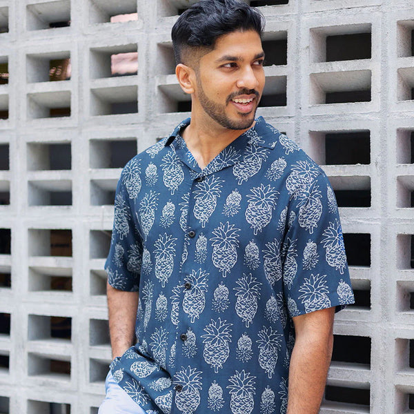 Men's Batik Cuban Shirt - Navy Pineapple