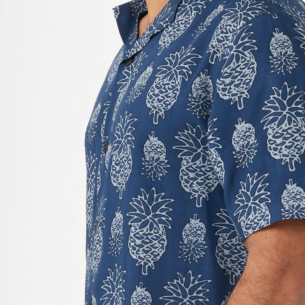 Men's Batik Cuban Shirt - Navy Pineapple
