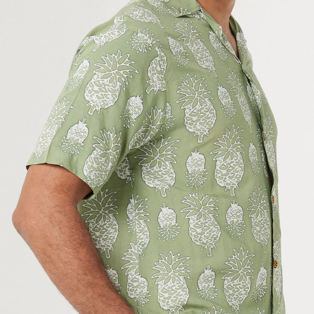 Men's Batik Cuban Shirt - Olive Pineapple