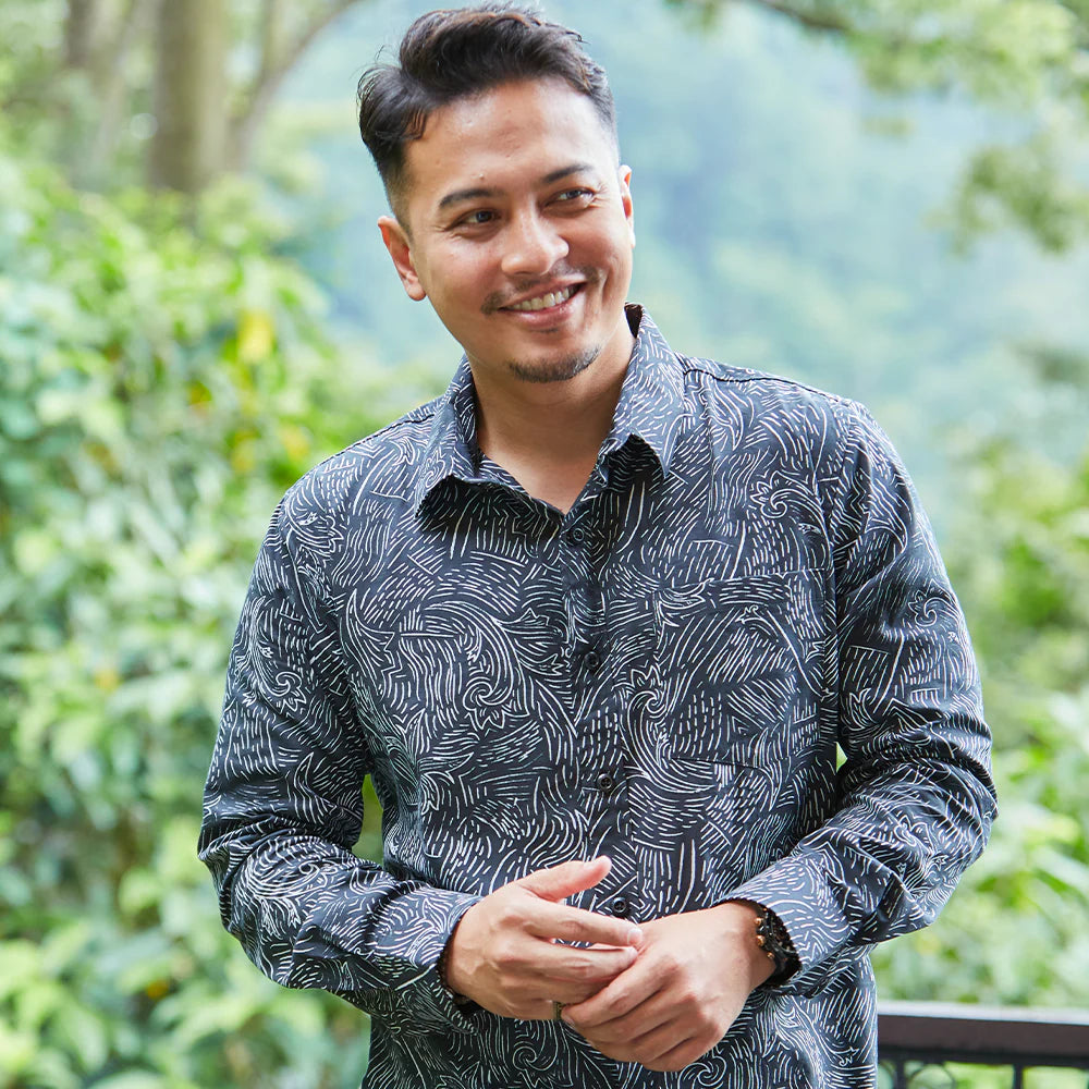 Men's Long-Sleeved Batik Shirt - Black Driftwood