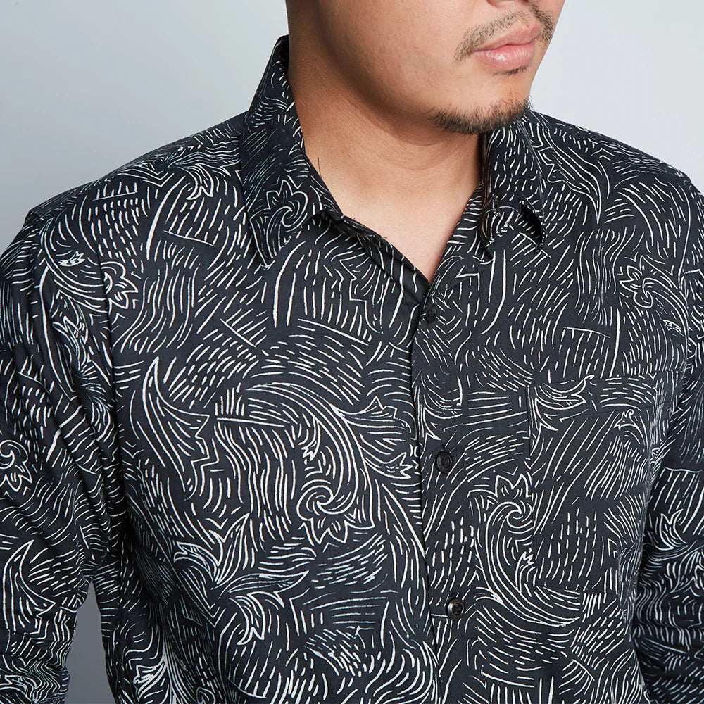 Men's Long-Sleeved Batik Shirt - Black Driftwood