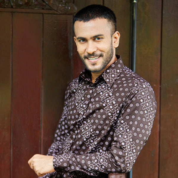 Men's Long-Sleeved Batik Shirt - Brown Alur