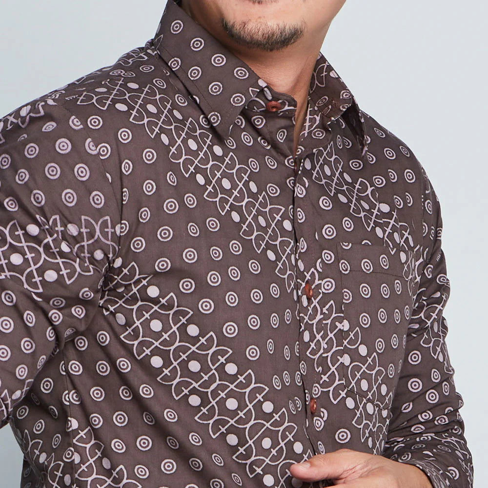 Men's Long-Sleeved Batik Shirt - Brown Alur