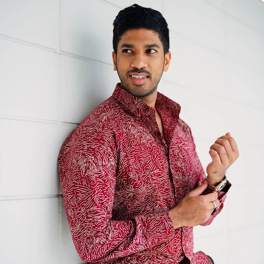Men's Long-Sleeved Batik Shirt - Crimson Driftwood