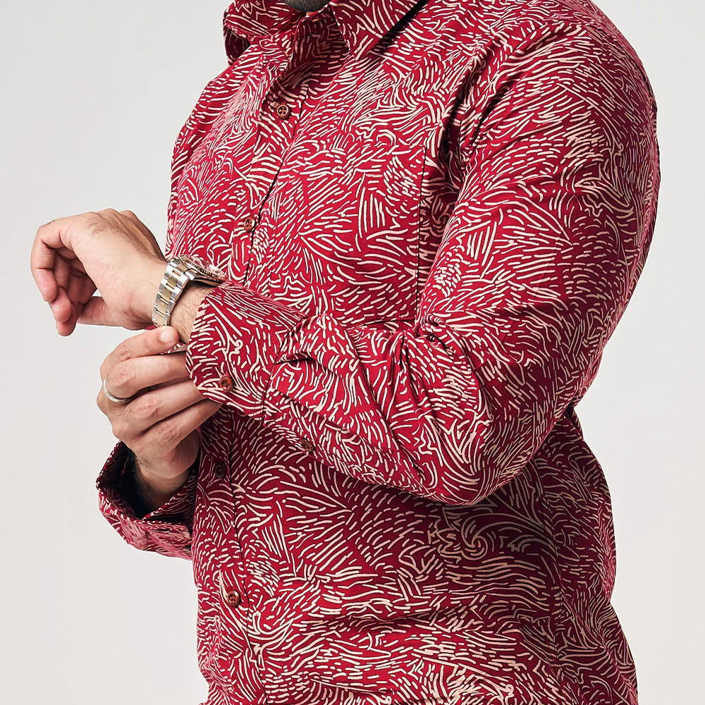 Men's Long-Sleeved Batik Shirt - Crimson Driftwood