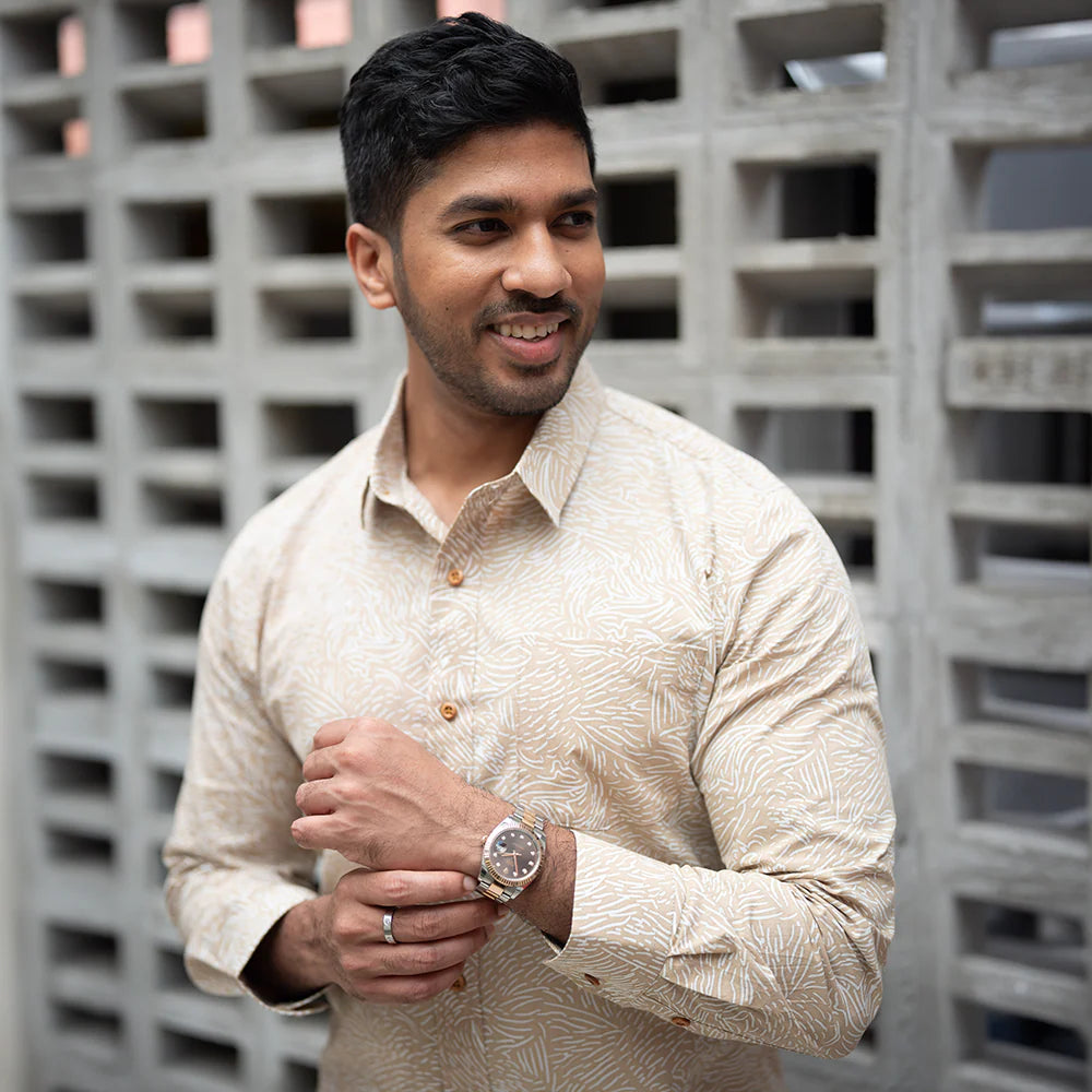 Men's Long-Sleeved Batik Shirt - Tan Driftwood