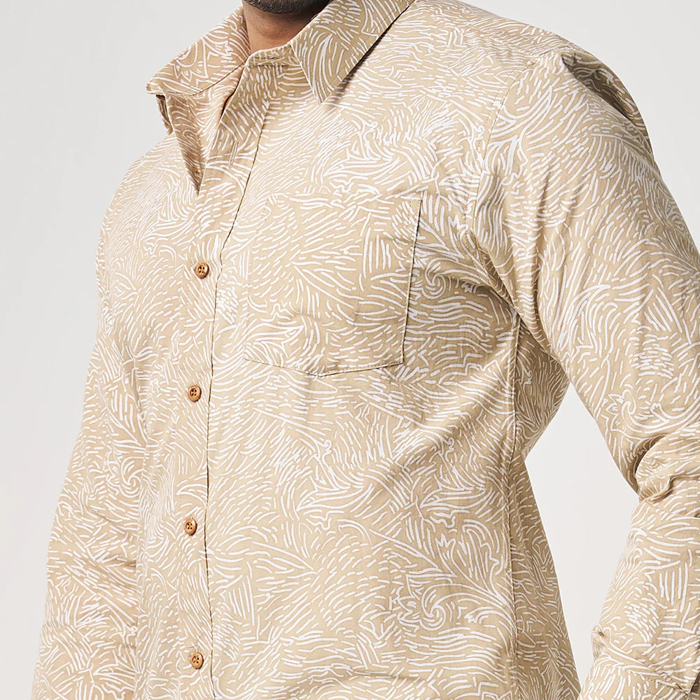 Men's Long-Sleeved Batik Shirt - Tan Driftwood