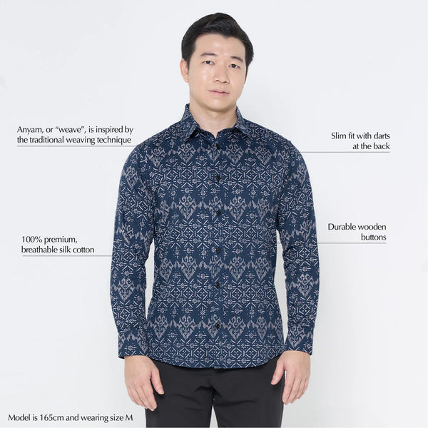 Men's Long-Sleeved Batik Shirt - Navy Anyam