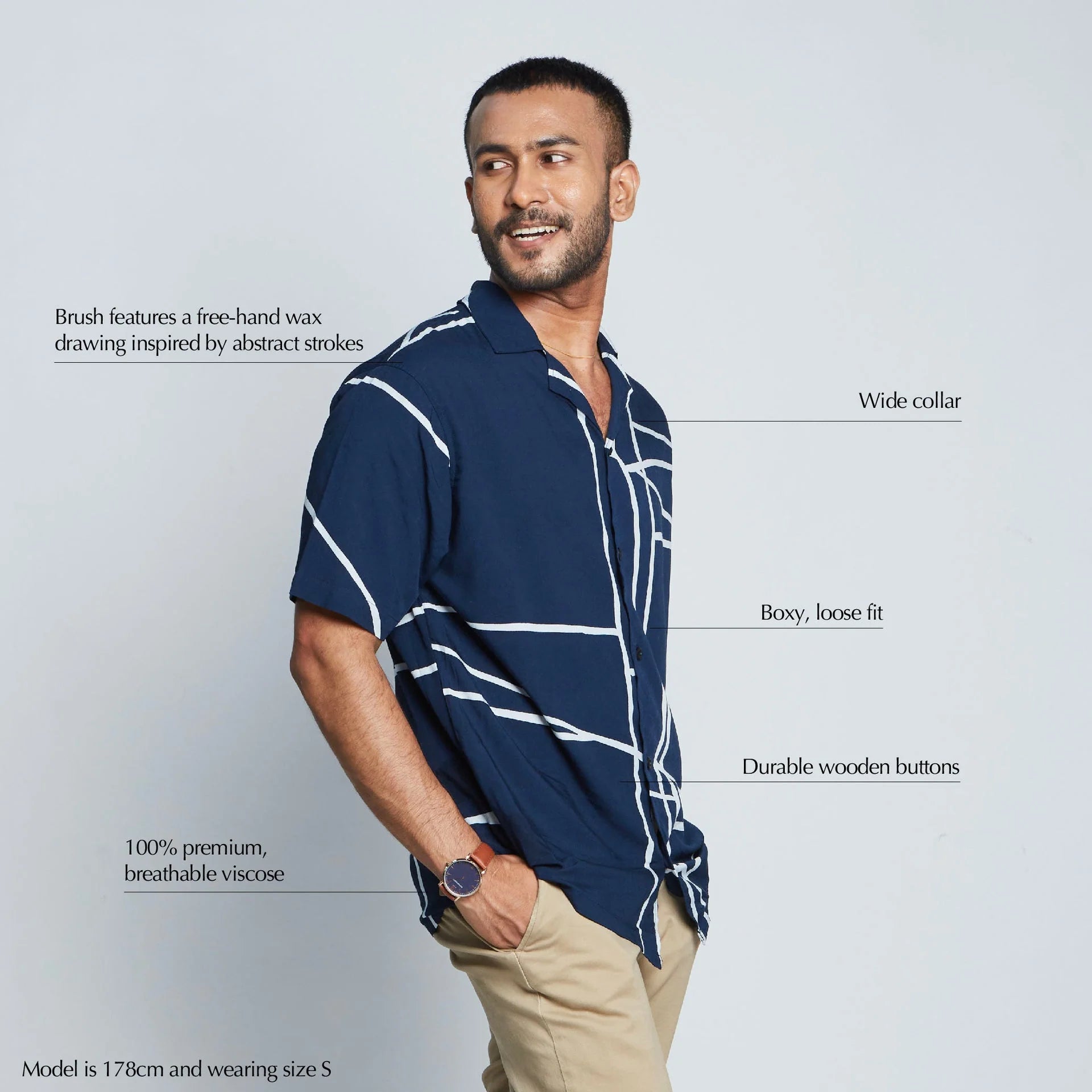 Men's Batik Cuban Shirt - Navy Brush
