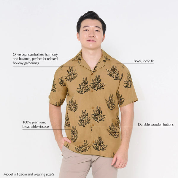 Men's Batik Cuban Shirt - Tan Olive Leaf